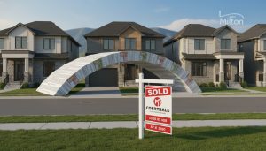 Milton Ontario houses with 'Sold' sign and documents bridging two homes representing bridge financing