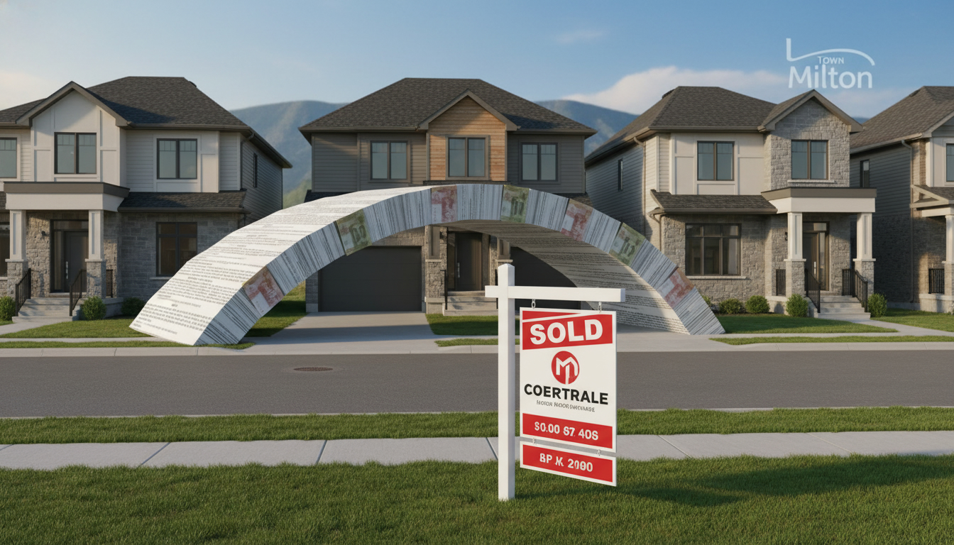 Milton Ontario houses with 'Sold' sign and documents bridging two homes representing bridge financing