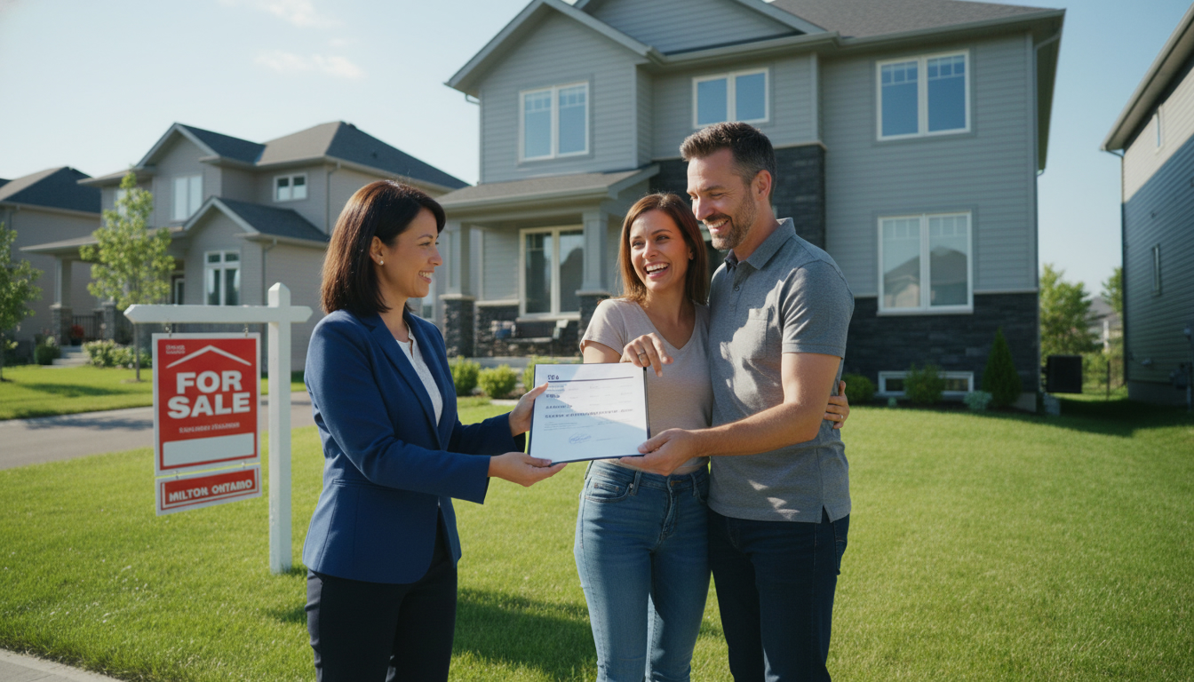 Real estate agent handing selling documents to homeowners in front of a Milton, Ontario home