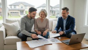 Young couple discussing mortgage documents with a co-signer in a Milton home, realtor with checklist
