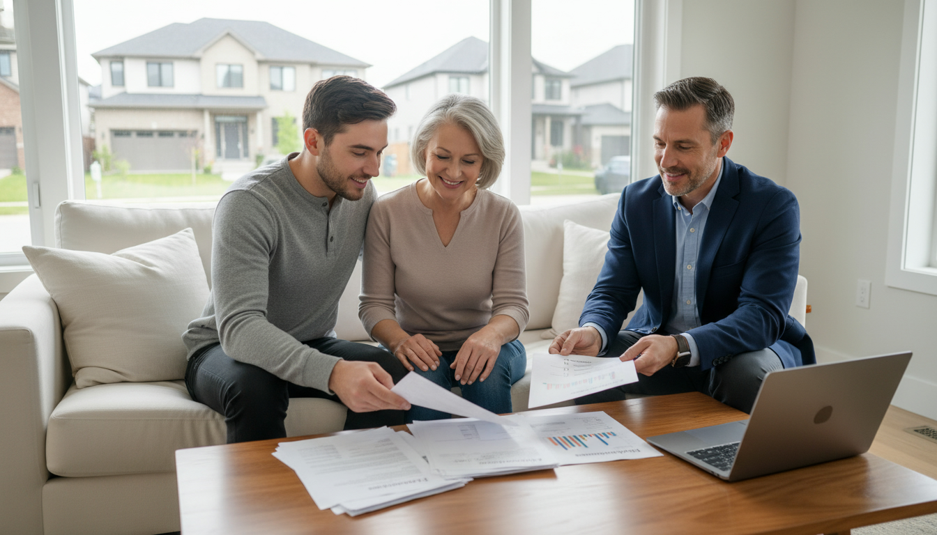 Young couple discussing mortgage documents with a co-signer in a Milton home, realtor with checklist