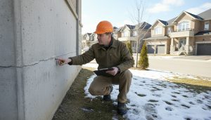 Home inspector examining a foundation crack in a Milton, Ontario house basement with clipboard