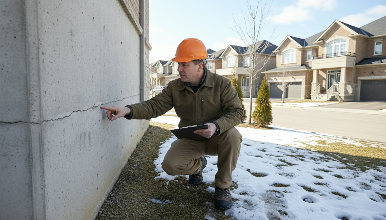 Home inspector examining a foundation crack in a Milton, Ontario house basement with clipboard