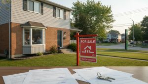 Milton Ontario house with for sale sign, tenants silhouettes and legal documents overlay