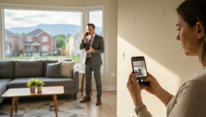 Homeowner in Milton inspecting drywall damage during a showing while agent calls for assistance
