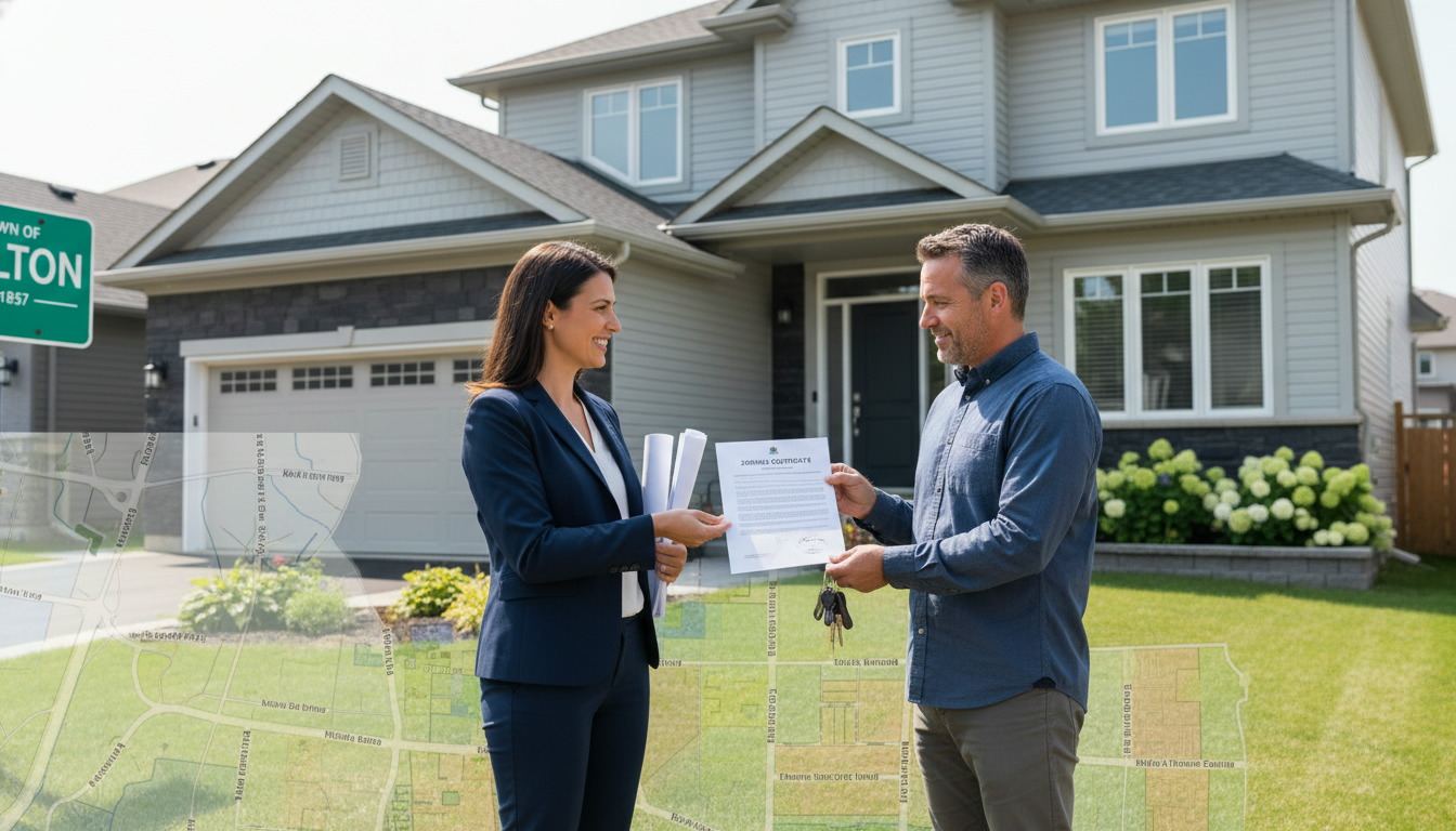 Realtor handing zoning certificate to homeowner outside a Milton, Ontario house with a zoning map overlay