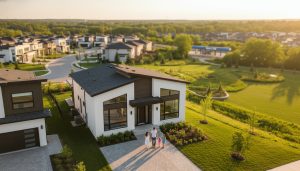 Modern Milton Ontario home with family walking toward house, GO station visible in background