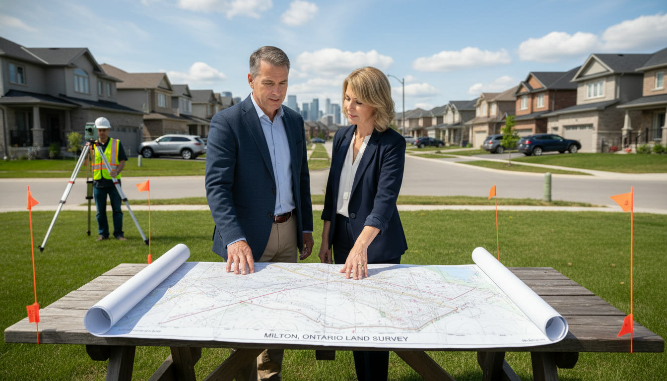 Two homeowners and a surveyor reviewing a property survey at a boundary stake in a Milton, Ontario neighborhood.