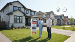 Real estate agent with seller and 'For Sale' sign in front of Milton Ontario home with market charts