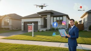 Real estate agent marketing a Milton, Ontario home with drone, tablet showing ads, and map overlay of Milton.