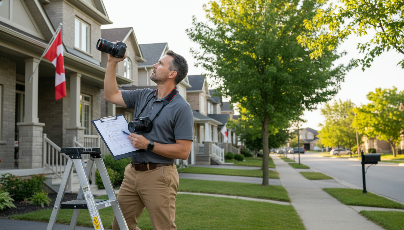 Home inspector with clipboard inspecting a suburban Milton Ontario house exterior
