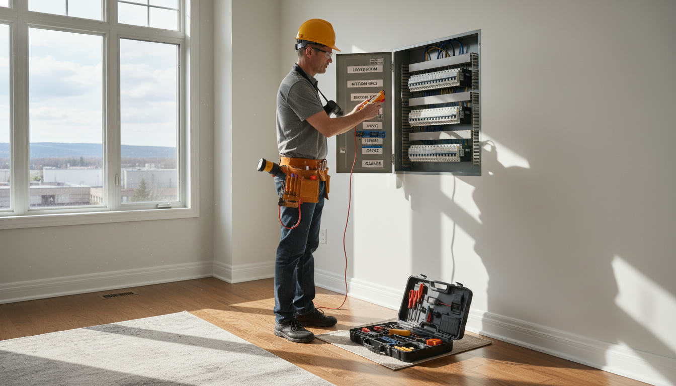 Home inspector examining an electrical panel inside a Milton, Ontario house.