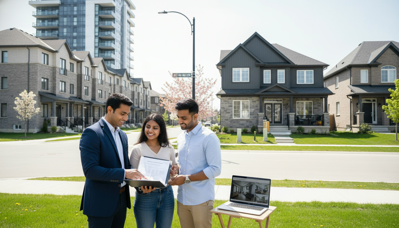 Real estate agent reviewing mortgage documents with young buyers outside a Milton, Ontario home
