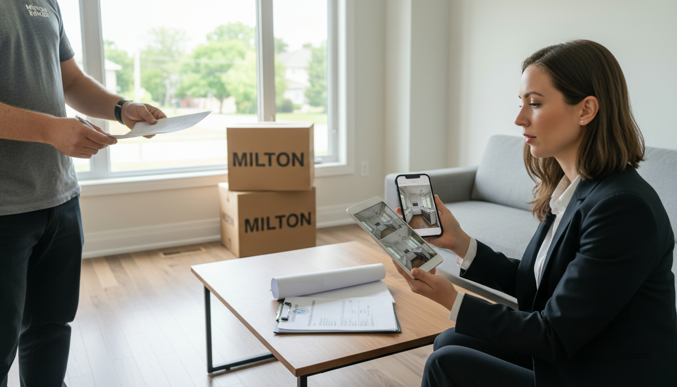 Real estate agent checking repairs checklist in a Milton home with contractor invoice and permit paperwork visible.