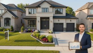 Milton Ontario home with upgraded curb appeal and realtor reviewing pricing chart on tablet
