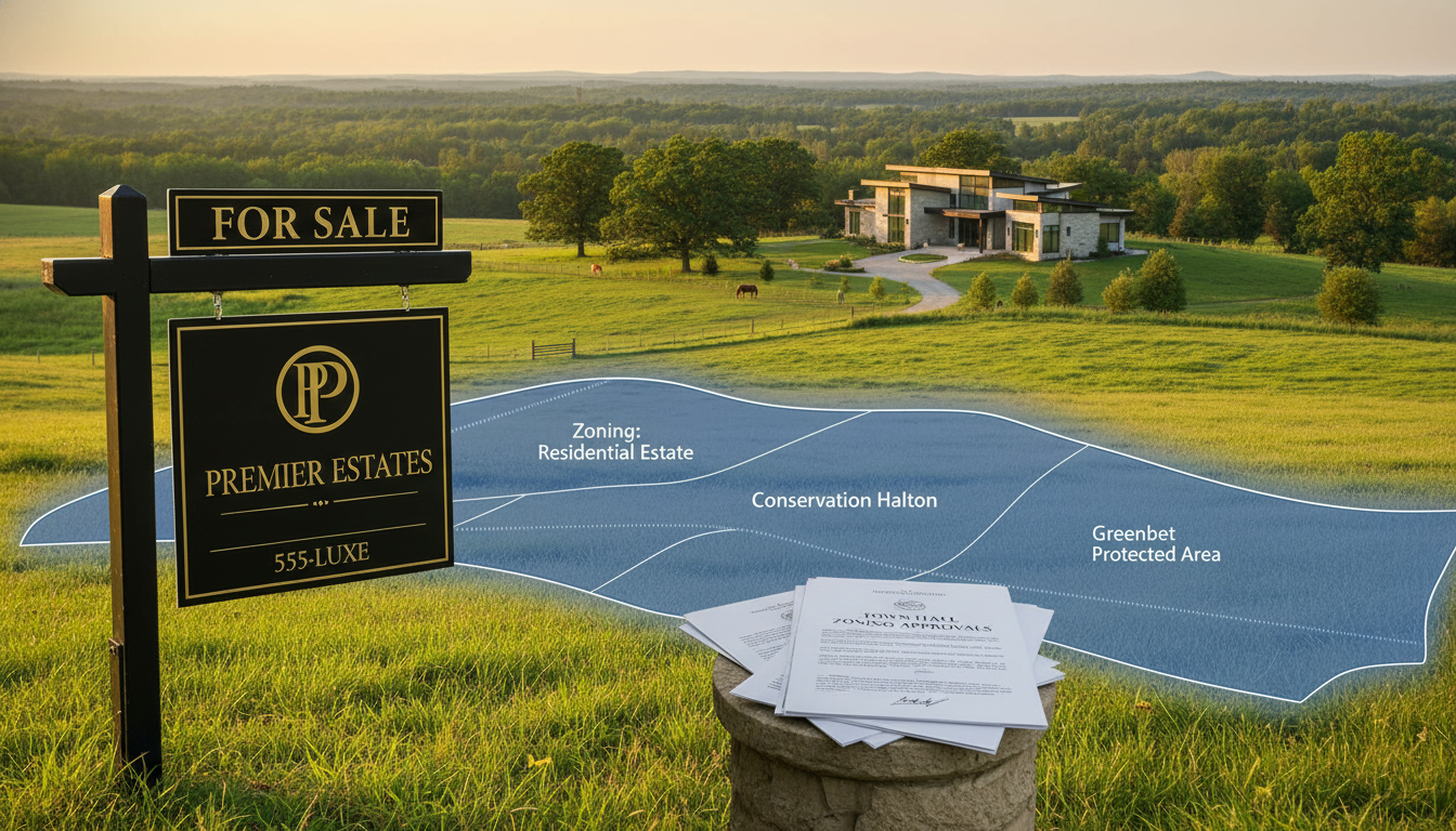 Luxury rural property in Milton, Ontario with zoning map overlay and real estate sign