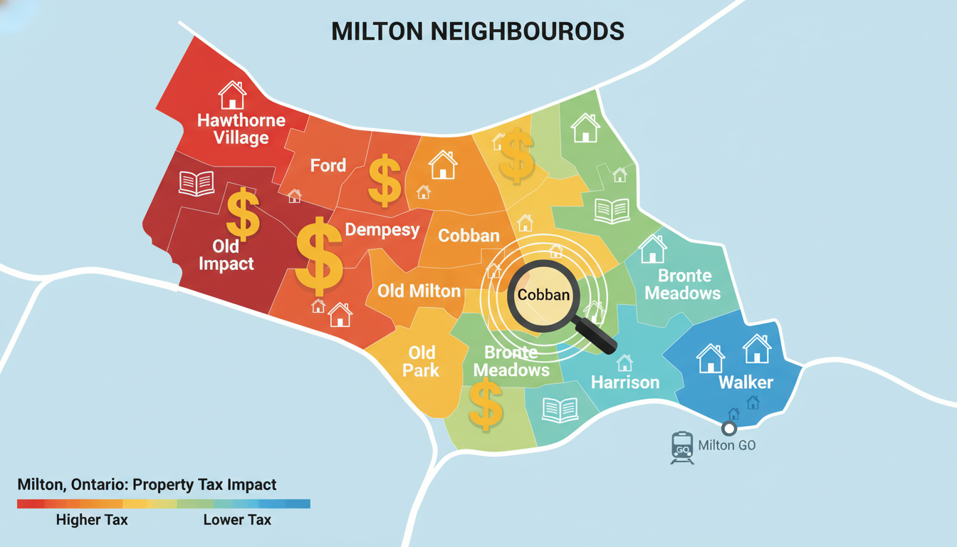 Map of Milton Ontario neighborhoods with property tax heatmap, houses and dollar signs