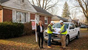 Realtor with 'For Sale - As-Is' sign outside an older house in Milton while inspector reviews blueprints with contractor