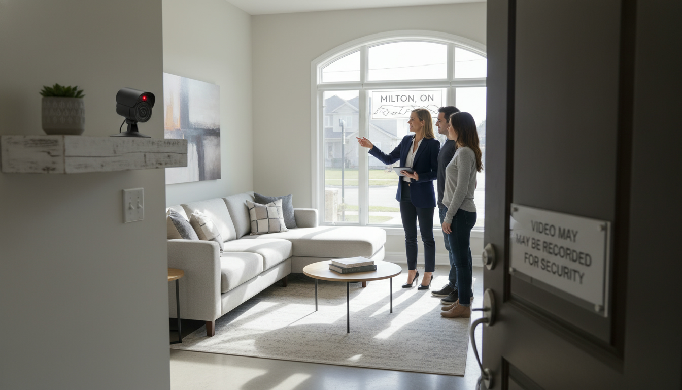 Milton home showing with visible security camera and sign 'Video may be recorded for security' on front door.