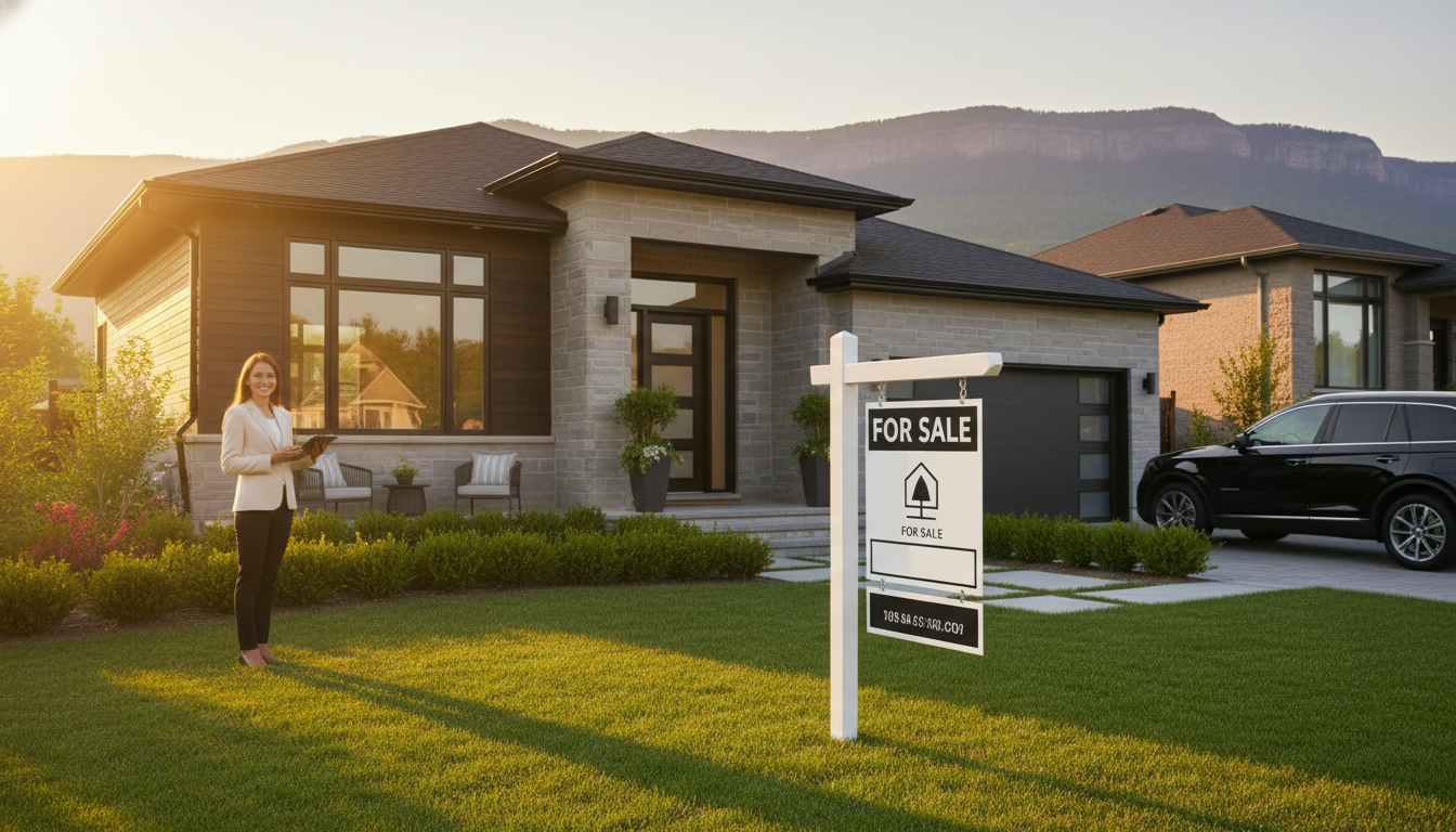 Modern Milton Ontario suburban home with a For Sale sign and Niagara Escarpment backdrop at golden hour