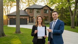 Homeowner holding a mortgage pre-approval letter outside a modern Milton, Ontario house with a realtor