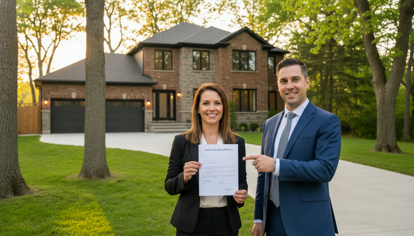 Homeowner holding a mortgage pre-approval letter outside a modern Milton, Ontario house with a realtor