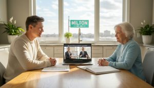 Adult child and elderly parent reviewing legal paperwork with realtor and lawyer in a Milton, Ontario home.