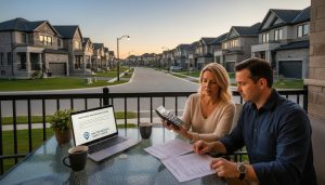 Couple reviewing mortgage documents and calculator outside a Milton, Ontario home