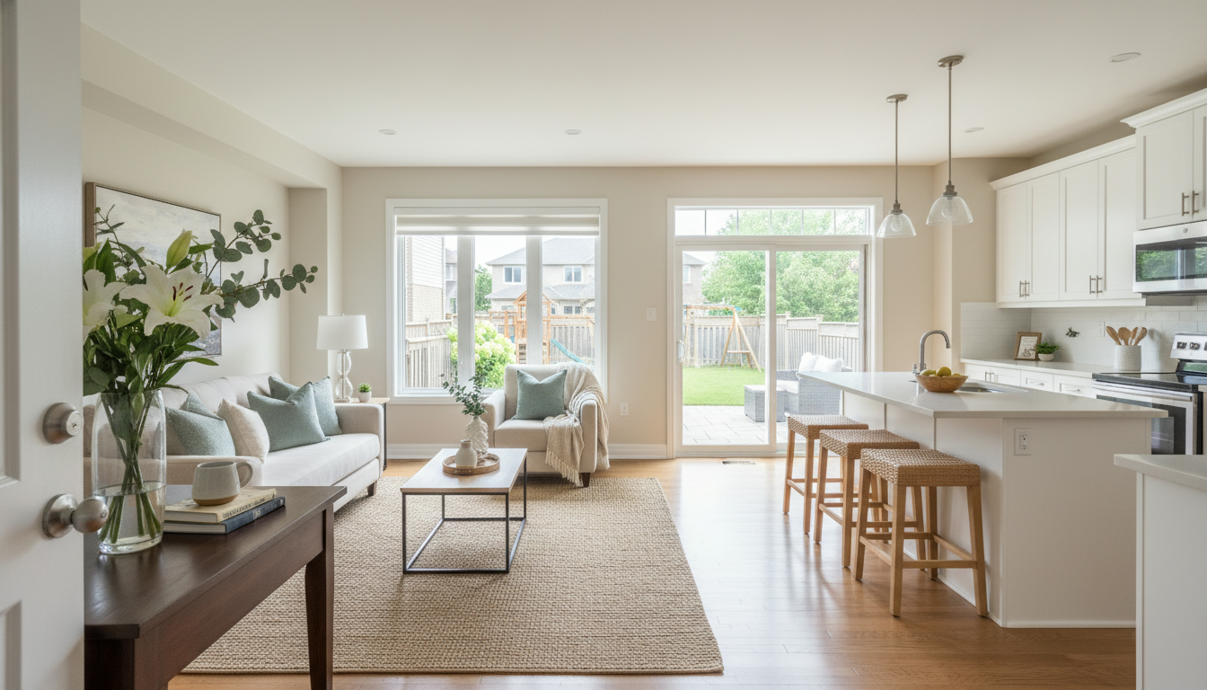 Welcoming staged living room in a Milton, Ontario home with bright natural light and tidy decor.