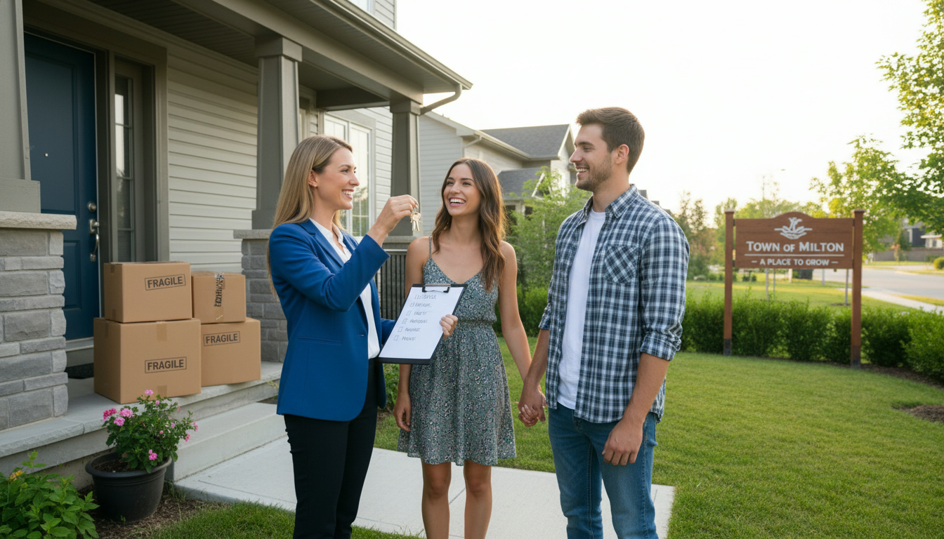 Realtor handing keys to new homeowners in front of a Milton Ontario house with moving boxes and a utilities checklist clipboard.