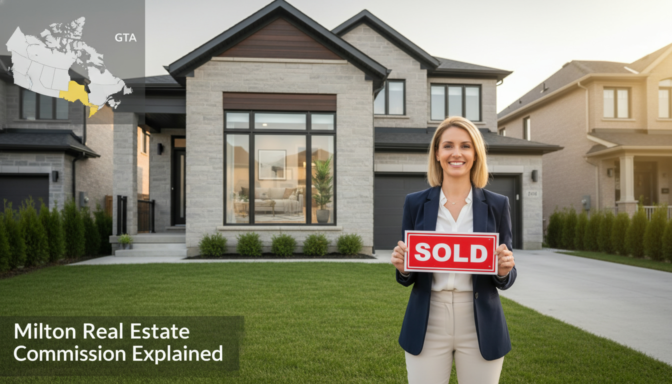 Real estate agent with sold sign in front of a Milton Ontario home with GTA map highlight