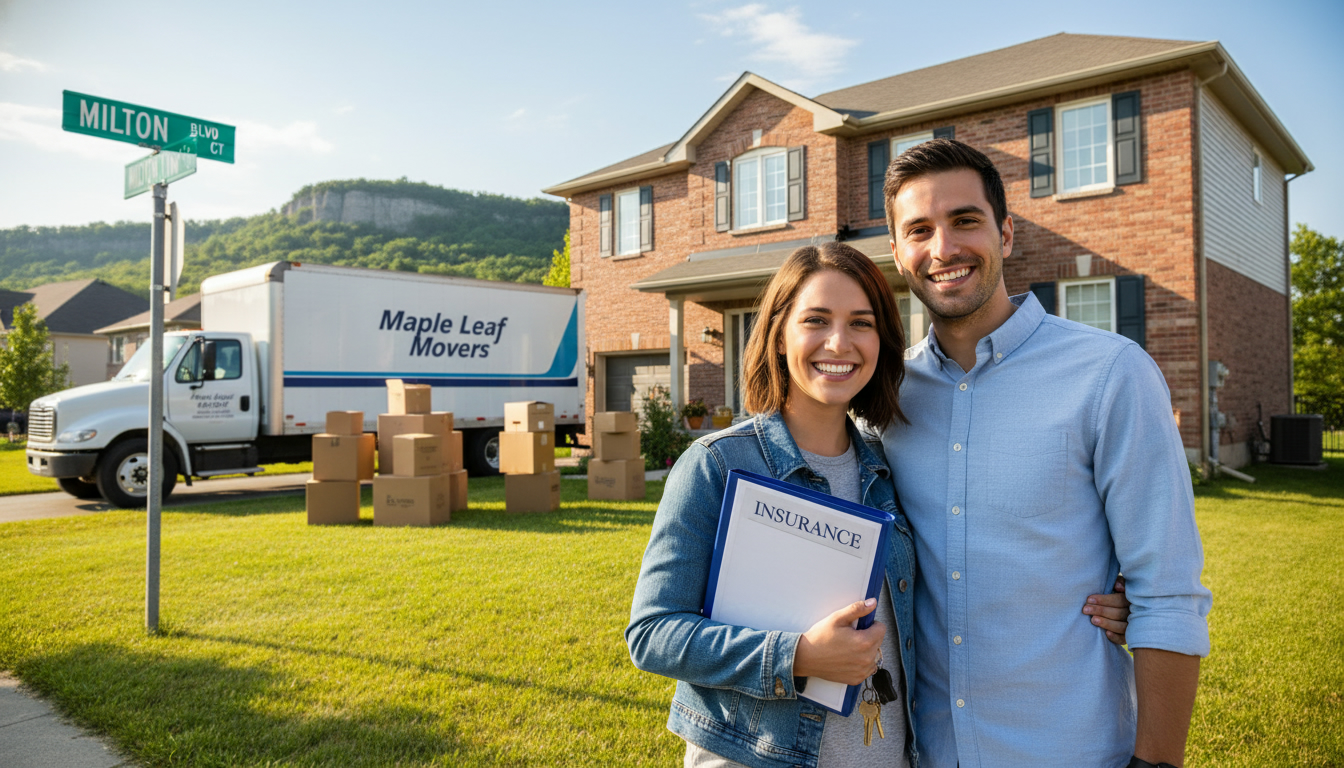 Homebuyers on moving day in Milton holding keys and an insurance binder outside their new house with moving boxes and a truck nearby.