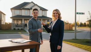 Real estate agent handing keys to adult child outside suburban Milton Ontario home with probate documents in background