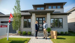 Real estate agent handing keys to buyer at a suburban Milton Ontario home with moving boxes nearby.