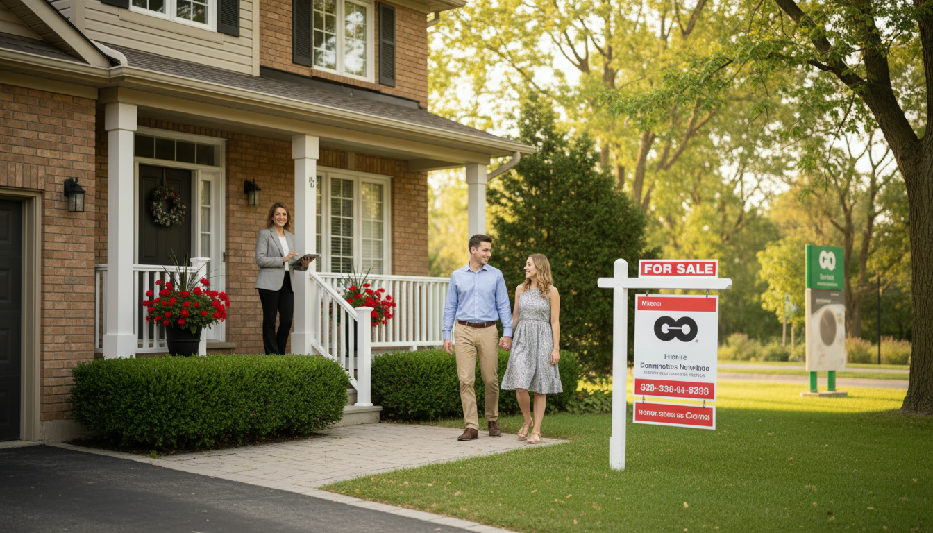 Milton Ontario suburban home with For Sale sign and agent, showing buyers leaving during a showing