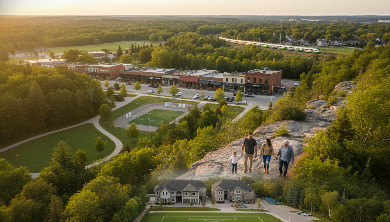 Family walking on a scenic Milton trail with nearby shops, park and distant train station, showcasing neighbourhood lifestyle