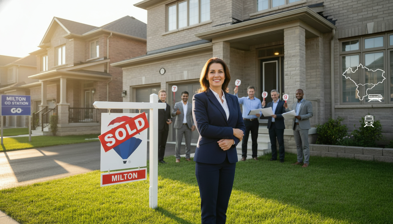 Real estate agent in front of a Milton, Ontario home with a SOLD sign and buyers in the background during a bidding war