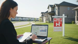 Real estate agent analyzing Milton, Ontario home pricing with market graphs and suburban homes in background