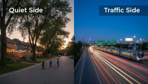 Split image showing a quiet Milton residential street beside a busy arterial road with a GO train and car light trails
