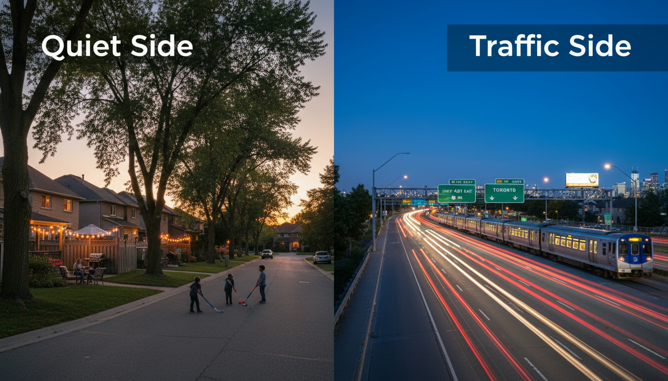 Split image showing a quiet Milton residential street beside a busy arterial road with a GO train and car light trails
