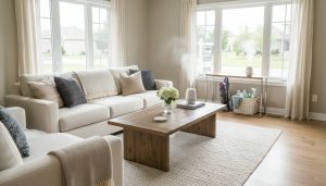 Bright staged living room in Milton home with fresh scent diffuser and flowers, ready for open house.