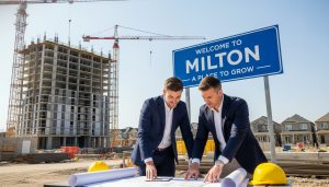 Milton construction site with real estate agent reviewing pre-construction contract with homeowner