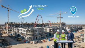 Pre-construction condo and townhome development under construction in Milton, Ontario with price growth graphics and map pin.