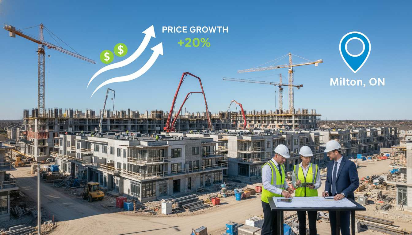Pre-construction condo and townhome development under construction in Milton, Ontario with price growth graphics and map pin.