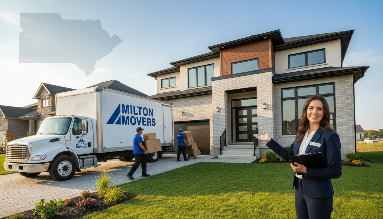 Realtor coordinating movers in front of a Milton, Ontario home with moving truck