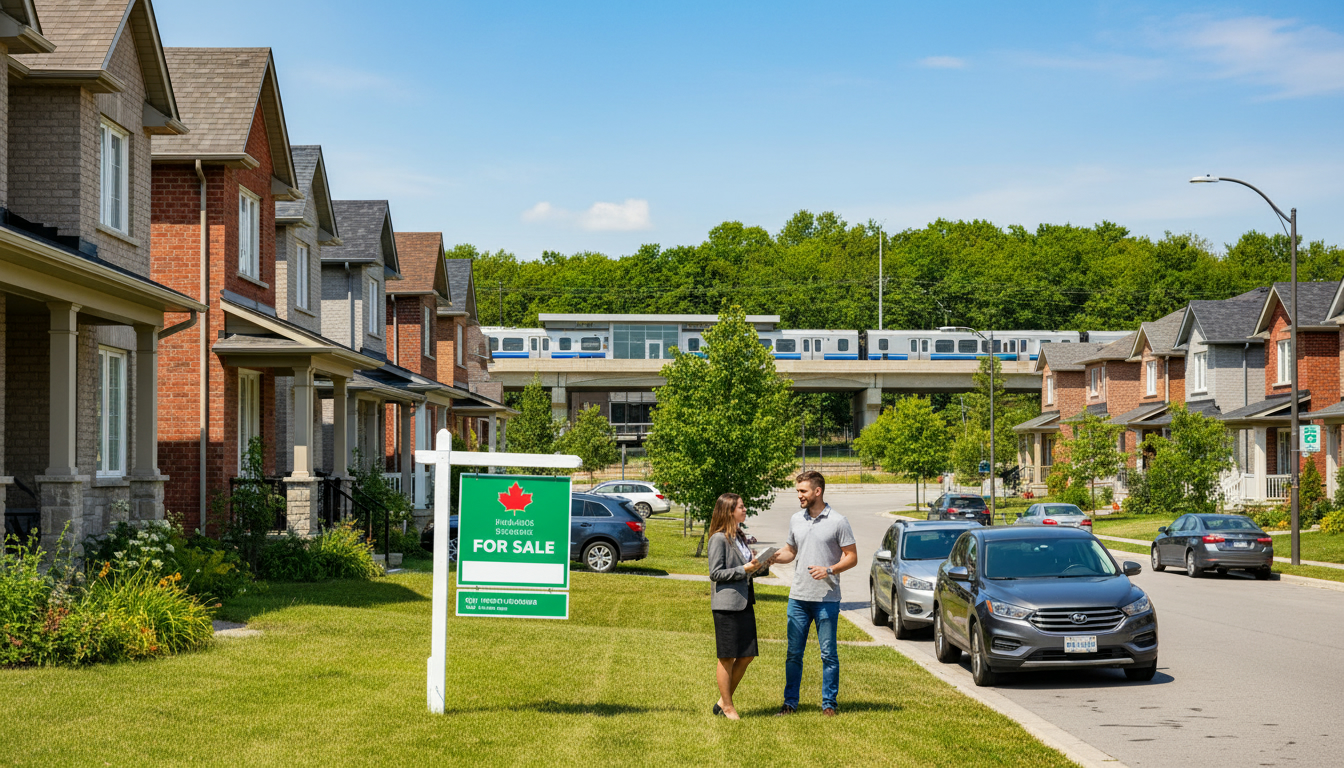 Milton neighbourhood with mix of older and newer homes, realtor with clipboard and buyers near a for-sale sign.