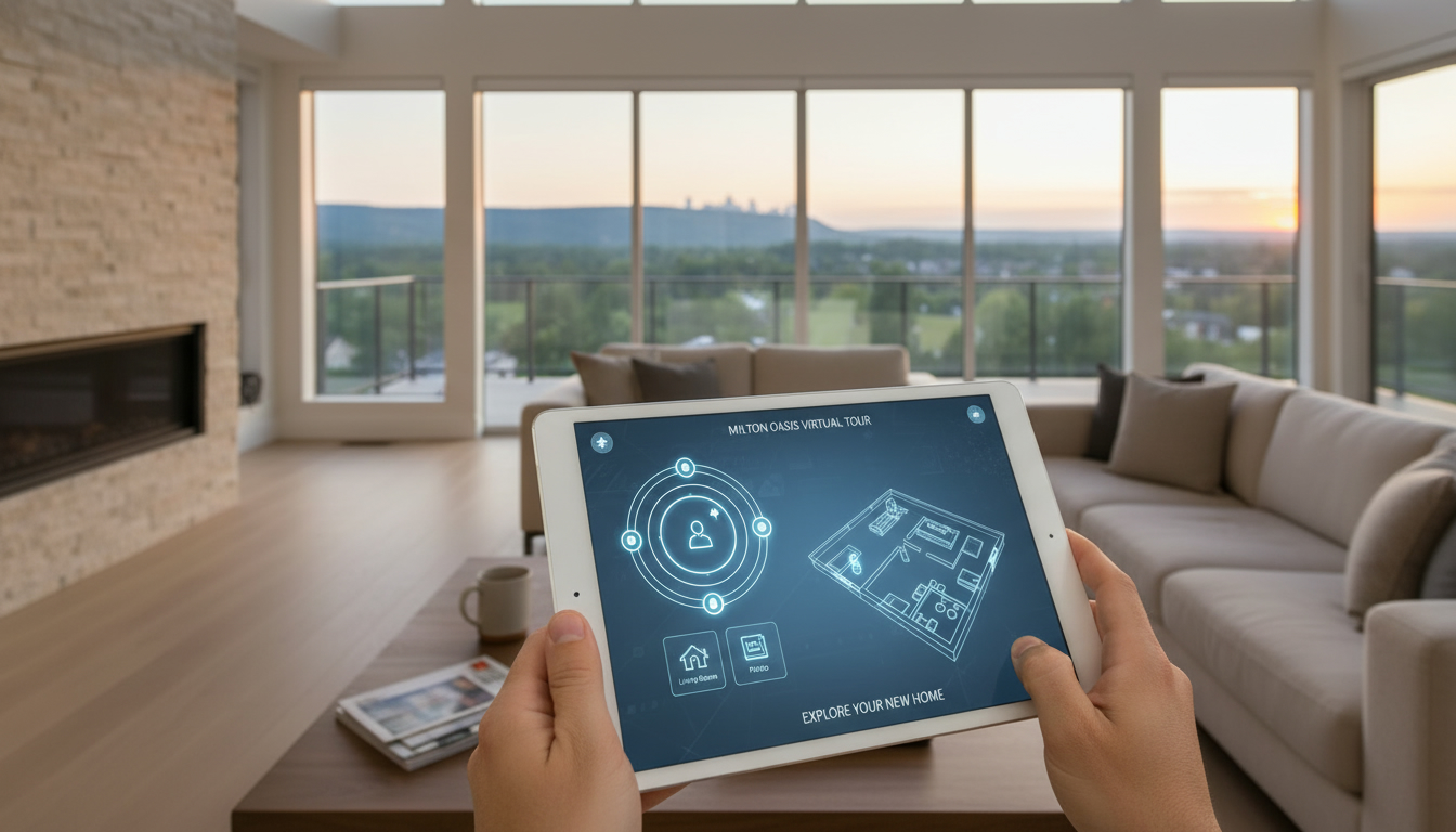 Modern home interior in Milton with a tablet displaying a 3D virtual tour interface and map pinpoint for Milton, Ontario.