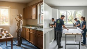 Split image: homeowner DIY painting vs professional contractor renovating a kitchen in Milton, Ontario