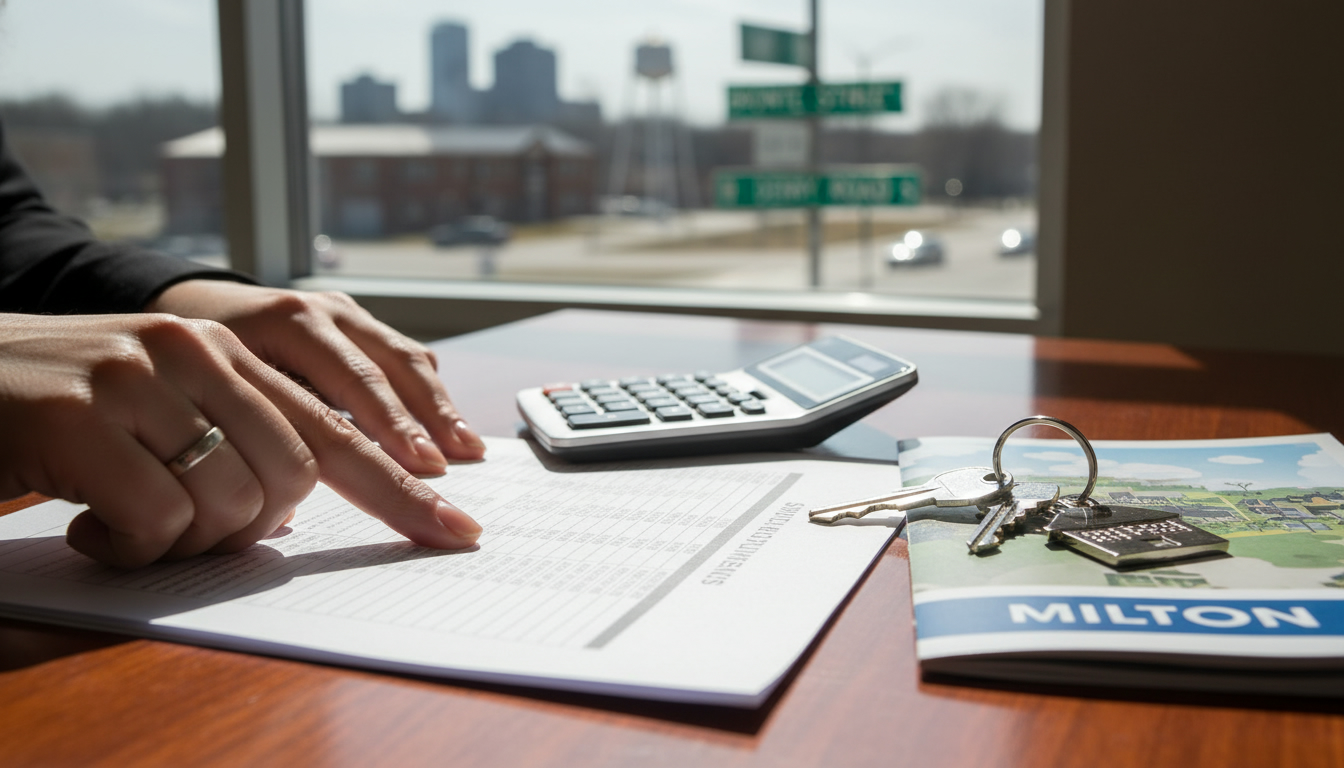 Statement of adjustments on a lawyer's desk with calculator and Milton, Ontario map visible