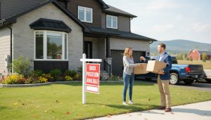 Milton Ontario suburban home with For Sale sign and 'Quick Possession Available', buyers holding moving boxes and key exchange